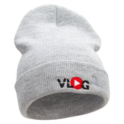 Vlog Embroidered 12 Inch Long Knitted Beanie - Heather-Grey OSFM