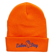 Labor Day Raised Fist Embroidered 12 Inch Long Knitted Beanie