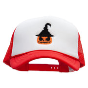 Scary Witch Pumpkin Embroidered Summer Foam Mesh Trucker Cap - Red-White OSFM