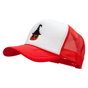 Scary Witch Pumpkin Embroidered Summer Foam Mesh Trucker Cap - Red-White OSFM