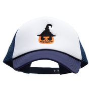 Scary Witch Pumpkin Embroidered Summer Foam Mesh Trucker Cap - Navy-White OSFM