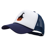 Scary Witch Pumpkin Embroidered Summer Foam Mesh Trucker Cap - Navy-White OSFM