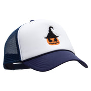 Scary Witch Pumpkin Embroidered Summer Foam Mesh Trucker Cap - Navy-White OSFM