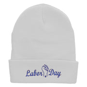 Labor Day Raised Fist Embroidered 12 Inch Long Knitted Beanie