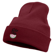 Watermelon Bite Me Embroidered 12 Inch Long Knitted Beanie - Maroon OSFM