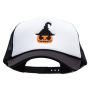 Scary Witch Pumpkin Embroidered Summer Foam Mesh Trucker Cap - Black-White OSFM