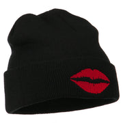 Lip Kiss Embroidered Cuff Long Beanie