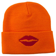 Lip Kiss Embroidered Cuff Long Beanie