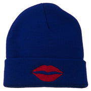 Lip Kiss Embroidered Cuff Long Beanie