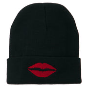 Lip Kiss Embroidered Cuff Long Beanie