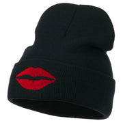 Lip Kiss Embroidered Cuff Long Beanie