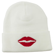 Lip Kiss Embroidered Cuff Long Beanie