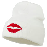 Lip Kiss Embroidered Cuff Long Beanie