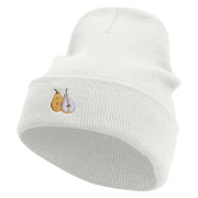 Pear Embroidered 12 inch Acrylic Cuffed Long Beanie - White OSFM