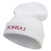 Bonsai Embroidered 12 Inch Long Knitted Beanie - White OSFM