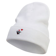 Paper Airplane Hearts Embroidered 12 Inch Long Knitted Beanie - White OSFM