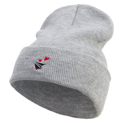 Paper Airplane Hearts Embroidered 12 Inch Long Knitted Beanie - Heather-Grey OSFM