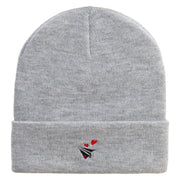 Paper Airplane Hearts Embroidered 12 Inch Long Knitted Beanie - Heather-Grey OSFM