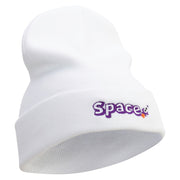 Space Rocketship Embroidered 12 Inch Long Knitted Beanie - White OSFM