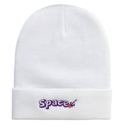 Space Rocketship Embroidered 12 Inch Long Knitted Beanie - White OSFM