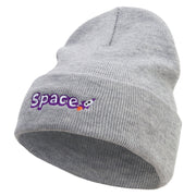 Space Rocketship Embroidered 12 Inch Long Knitted Beanie - Heather-Grey OSFM