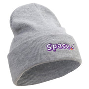 Space Rocketship Embroidered 12 Inch Long Knitted Beanie - Heather-Grey OSFM