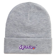 Space Rocketship Embroidered 12 Inch Long Knitted Beanie - Heather-Grey OSFM