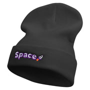 Space Rocketship Embroidered 12 Inch Long Knitted Beanie - Black OSFM