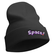 Space Rocketship Embroidered 12 Inch Long Knitted Beanie - Black OSFM