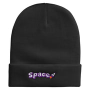 Space Rocketship Embroidered 12 Inch Long Knitted Beanie - Black OSFM