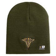 Veterinary Corps Symbol Embroidered 8 Inch Solid Knit Short Beanie Made in USA - Olive OSFM