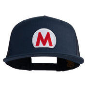 Mario World Logo Circle Patched 5 Panel Mesh Trucker Snapback Cap - Navy OSFM