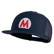 Mario World Logo Circle Patched 5 Panel Mesh Trucker Snapback Cap - Navy OSFM