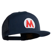 Mario World Logo Circle Patched 5 Panel Mesh Trucker Snapback Cap - Navy OSFM