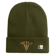 Veterinary Corps Logo Embroidered 12 Inch Solid Knit Cuff Long Beanie Made in USA - Olive OSFM