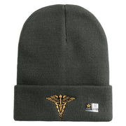 Veterinary Corps Logo Embroidered 12 Inch Solid Knit Cuff Long Beanie Made in USA - Charcoal OSFM