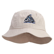 Blue Pattern Sail Boat Embroidered Bucket Hat - Natural OSFM