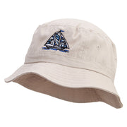 Blue Pattern Sail Boat Embroidered Bucket Hat - Natural OSFM