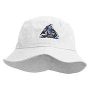 Blue Pattern Sail Boat Embroidered Bucket Hat - White OSFM