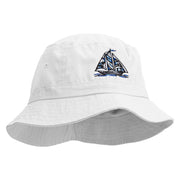 Blue Pattern Sail Boat Embroidered Bucket Hat - White OSFM