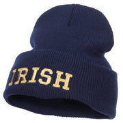 Irish Embroidered Cuff Long Knit Beanie