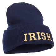 Irish Embroidered Cuff Long Knit Beanie