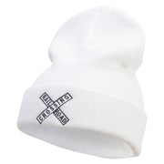 Railroad Crossing Embroidered 12 Inch Long Knitted Beanie - White OSFM