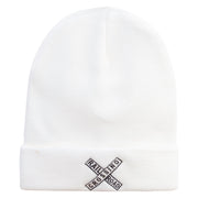 Railroad Crossing Embroidered 12 Inch Long Knitted Beanie - White OSFM
