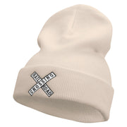 Railroad Crossing Embroidered 12 Inch Long Knitted Beanie - Birch OSFM