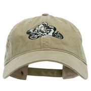 Motorcycle Race Embroidered Washed Solid Pigment Dyed Cotton Twill Brass Buckle Cap