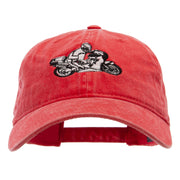 Motorcycle Race Embroidered Washed Solid Pigment Dyed Cotton Twill Brass Buckle Cap