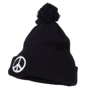 Peace Symbol Embroidered Pom Cuff Beanie