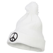 Peace Symbol Embroidered Pom Cuff Beanie