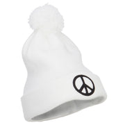 Peace Symbol Embroidered Pom Cuff Beanie